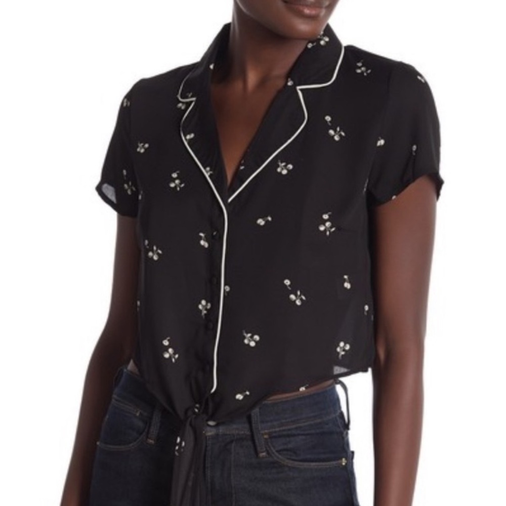 HIATUS Black Cherry Print Tie Front Short Sleeve Blouse- M